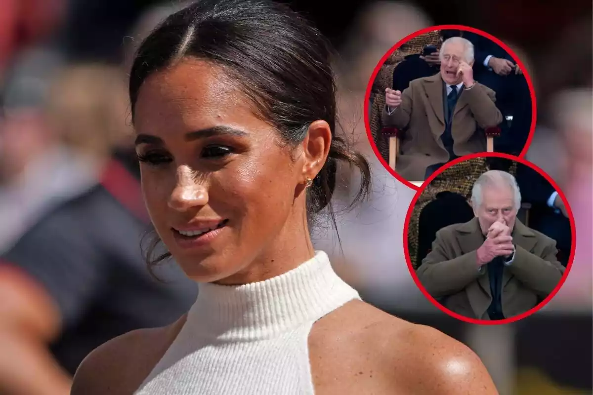 Montaje con foto grande de Meghan Markle en primer plano y dos fotos del Rey Carlos III en donde se le ve muy expresivo