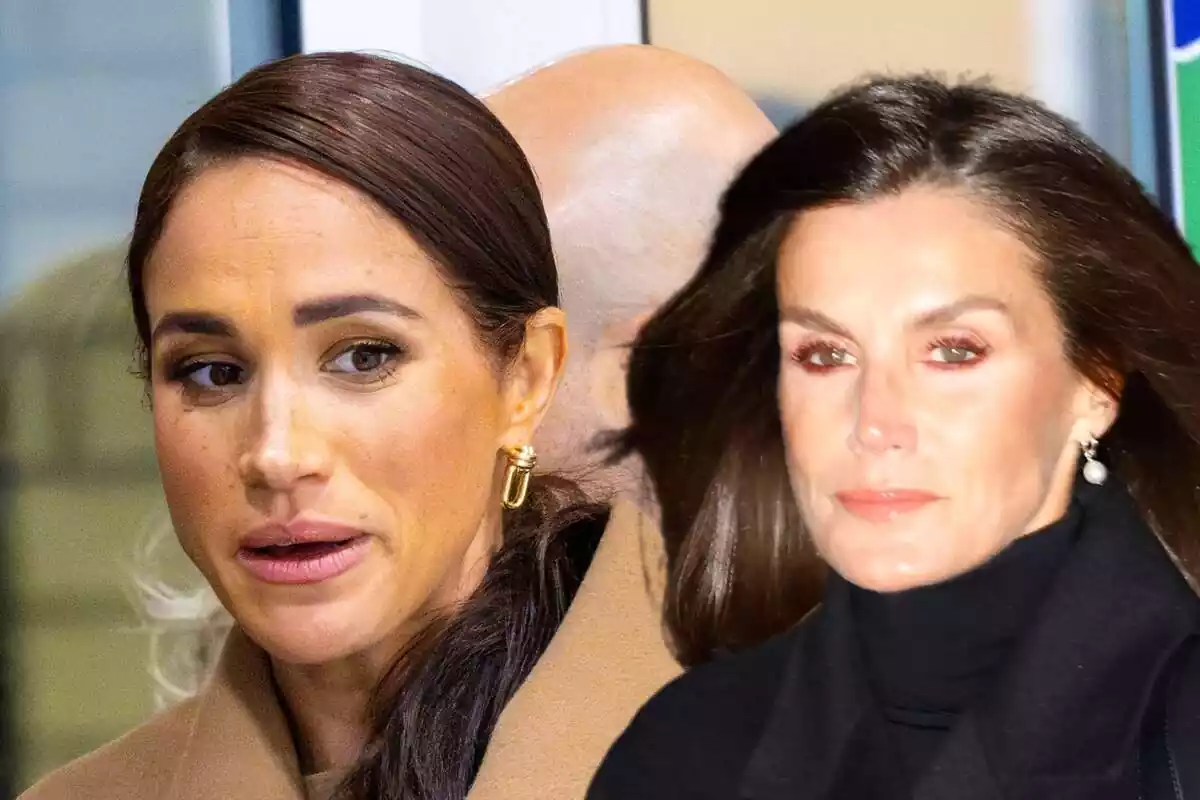 Montaje de Meghan Markle con el pelo recogido mirando a un lado y Letizia seria con un cuello alto negro