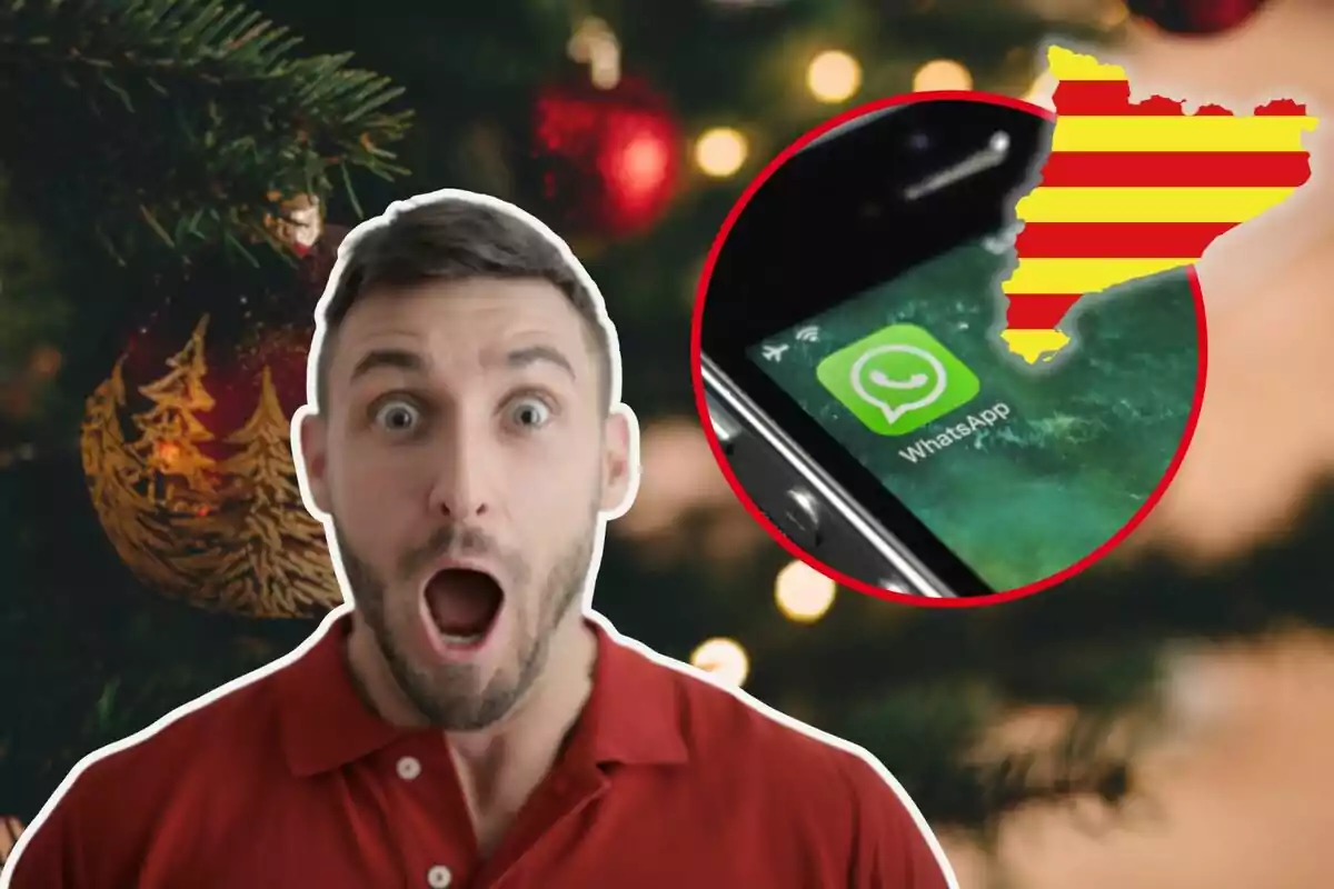 Hombre sorprendido con un fondo navideño y un teléfono mostrando el logo de WhatsApp dentro de un círculo rojo con una silueta amarilla y roja.