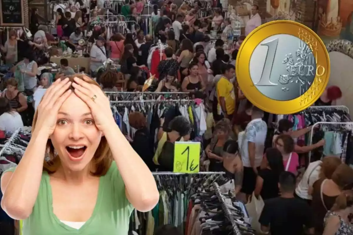 Montaje de un mercadillo de ropa, una chica sorprendida con las manos en la cabeza y una moneda de euro