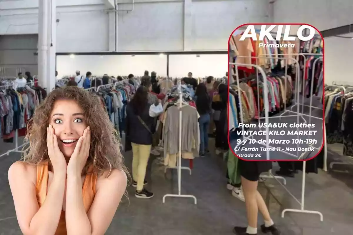 Montaje de un mercadillo de ropa, una storie de Instagram con la información del horario y una chica sorprendida con las manos en la cara