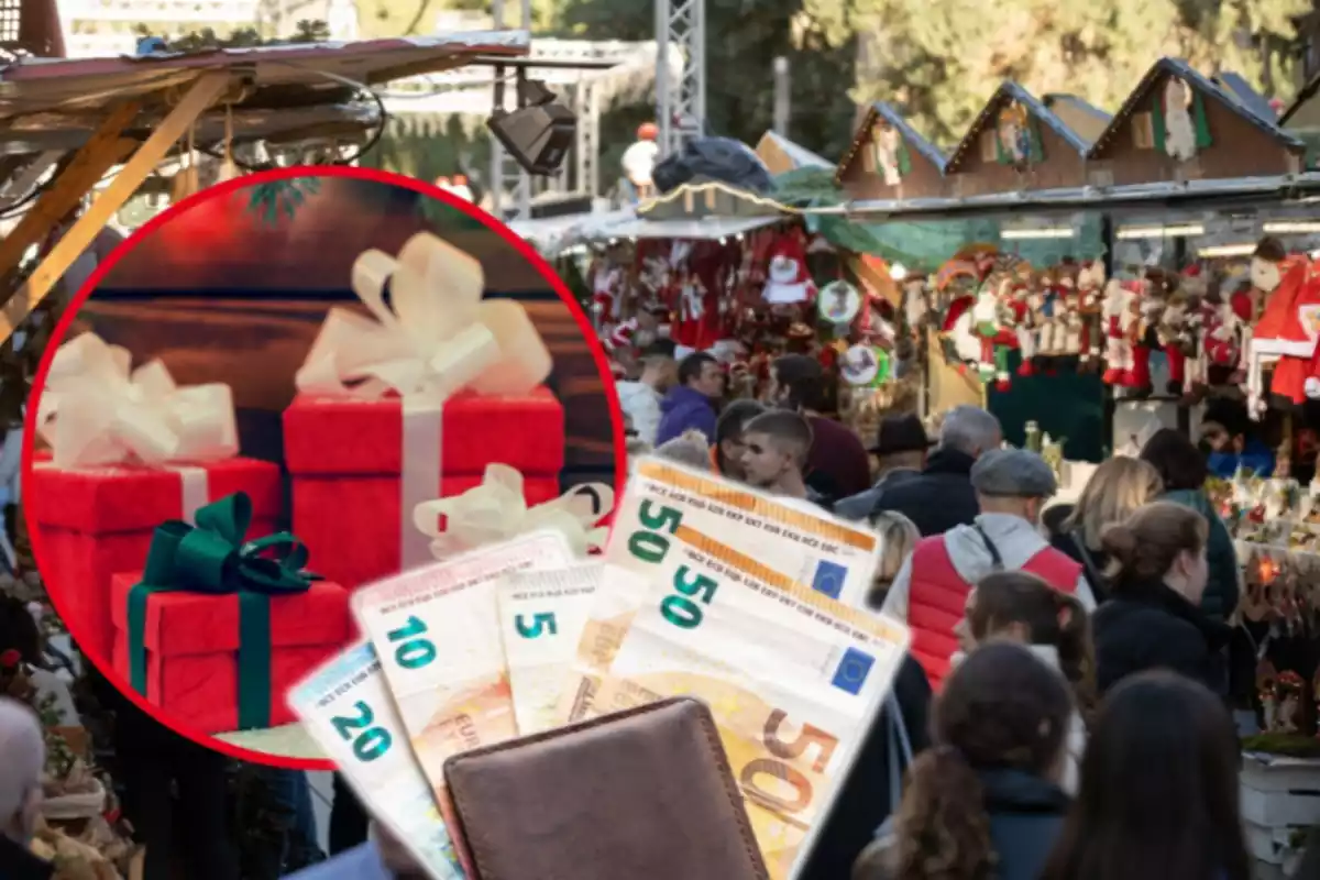 Montaje con gente paseando en un mercado navideño, un círculo con regalos con un lazo y una cartera con varios billetes de euro