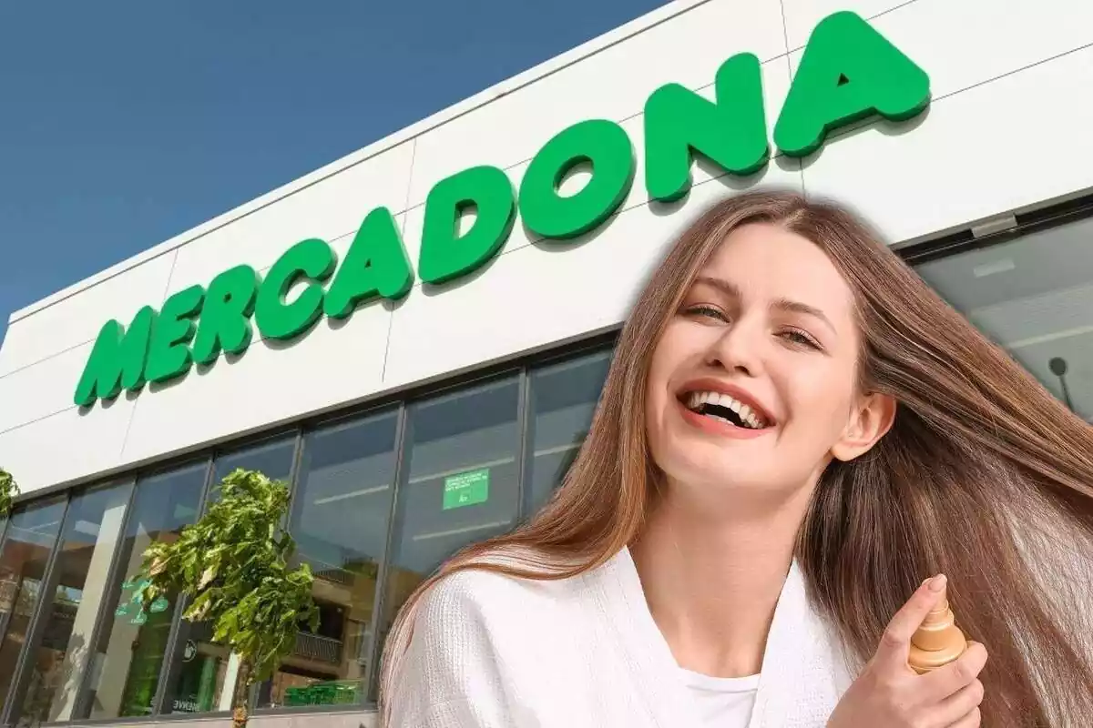 Montaje de un supermercado de Mercadona y una chica utilizando un spray para el pelo