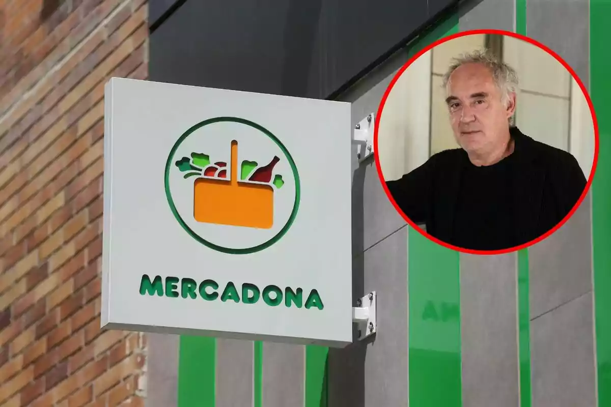 Cartel de Mercadona en una pared de ladrillo con la imagen de una persona en un círculo rojo superpuesta.