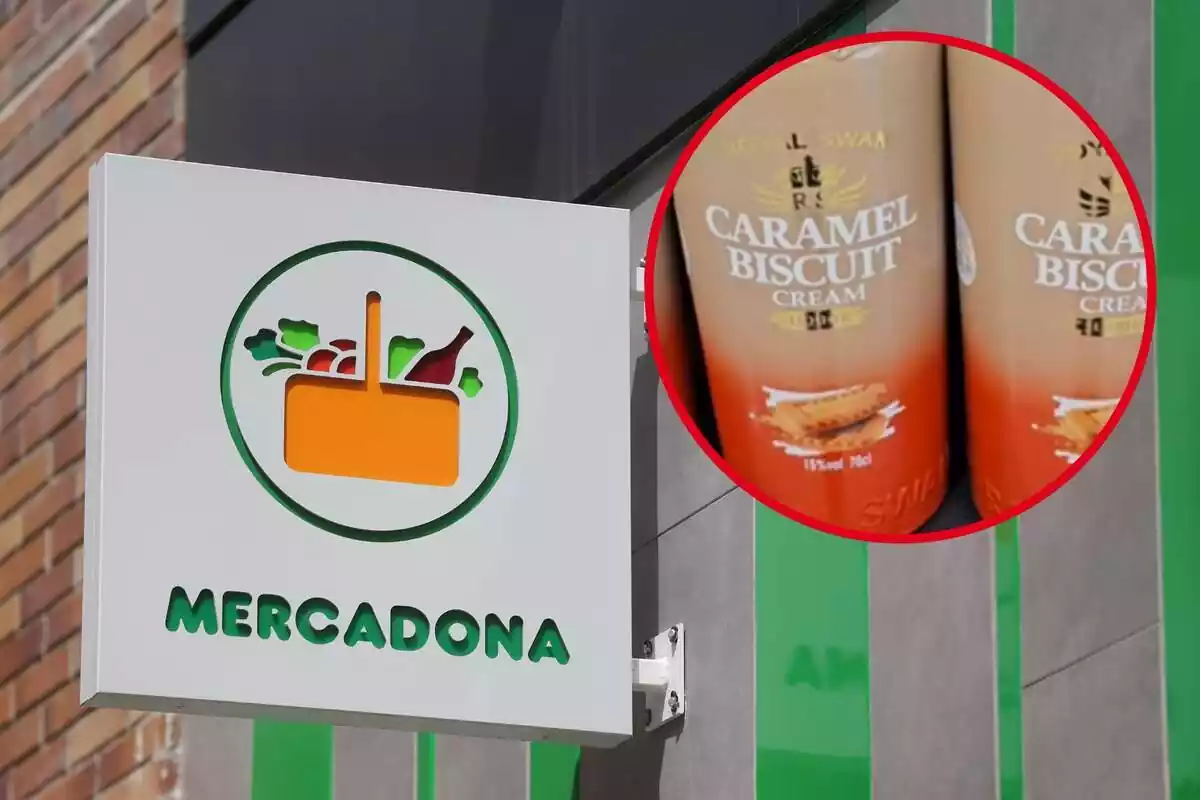 Montaje con el letrero en el exterior de una tienda de Mercadona y un círculo con las nuevas botellas de licor sabor galleta