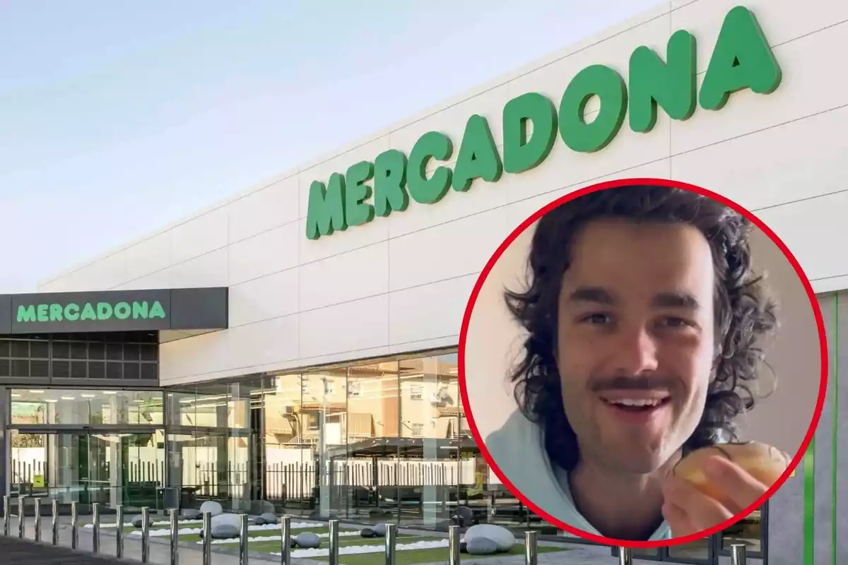 Montaje con el exterior de una tienda de Mercadona y un círculo en el que aparece la cara del tiktoker @peldanyos con un dulce que venden en la cadena