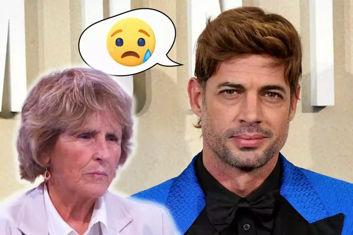 Mercedes Milá con expresión seria y William Levy con traje azul, junto a un emoji de cara triste con una lágrima.