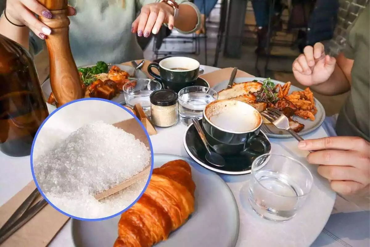 Montaje de una mesa llena de comida junto a la imagen de una cuchara llena de azucar