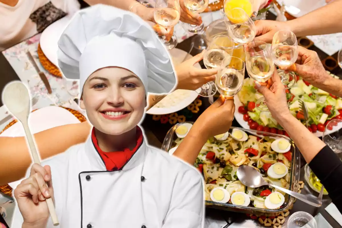 Montaje con una mesa con comida y brazos de varias personas brindando con una copa y una mujer con traje y sombrero de cocinera