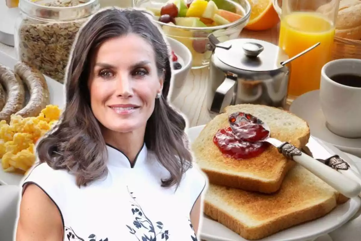 Montaje con una mesa llena de alimentos propios de un desayuno y el rostro de la reina Letizia