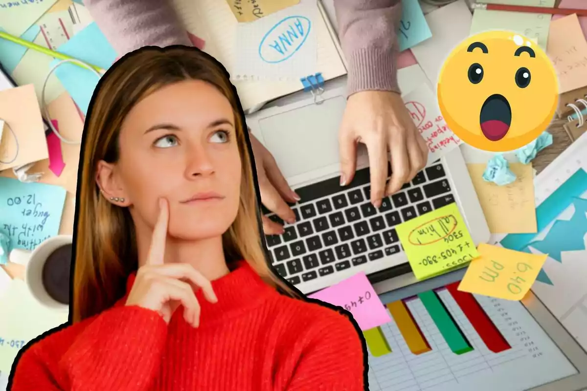 Una mujer pensativa con un suéter rojo está superpuesta sobre una imagen de un escritorio desordenado con una computadora portátil y muchas notas adhesivas de colores, junto a un emoji sorprendido.