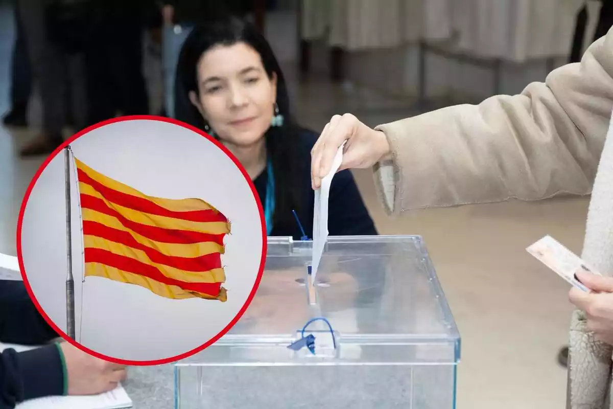 Una mujer introduce su voto en una urna en las elecciones, y en el círculo, la bandera de Cataluña