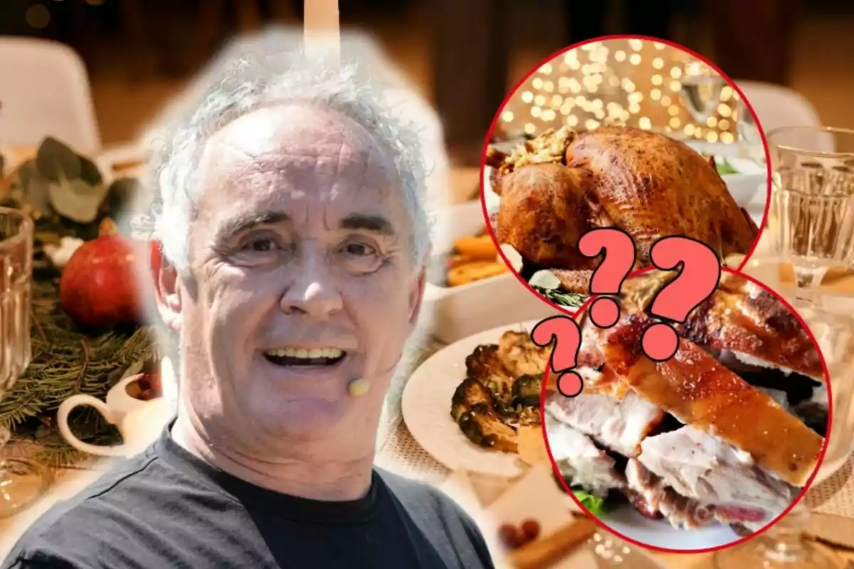 Ferran Adrià sonriente con un micrófono en la oreja aparece frente a una mesa decorada con comida navideña, incluyendo un pavo asado y un plato de carne con signos de interrogación superpuestos.