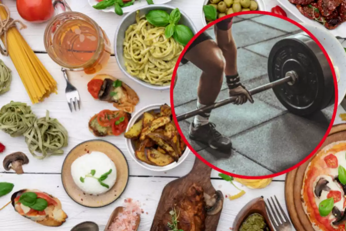 Montaje con una mesa con varios platos de comida y un círculo con una persona usando una pesa en un gimnasio