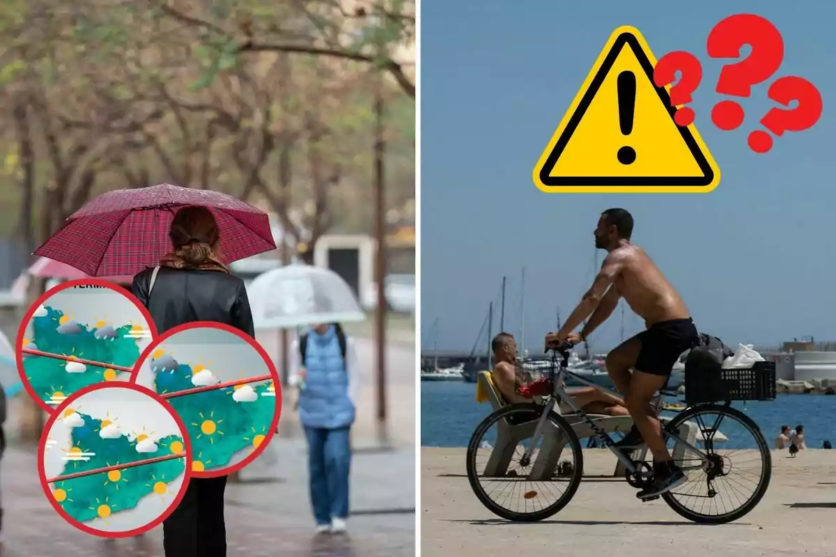 Una imagen dividida en dos partes: a la izquierda, una persona con un paraguas rojo camina bajo la lluvia, con gráficos del clima mostrando diferentes condiciones meteorológicas; a la derecha, un hombre sin camisa monta una bicicleta en un día soleado junto al mar, con un signo de advertencia y signos de interrogación sobre él.