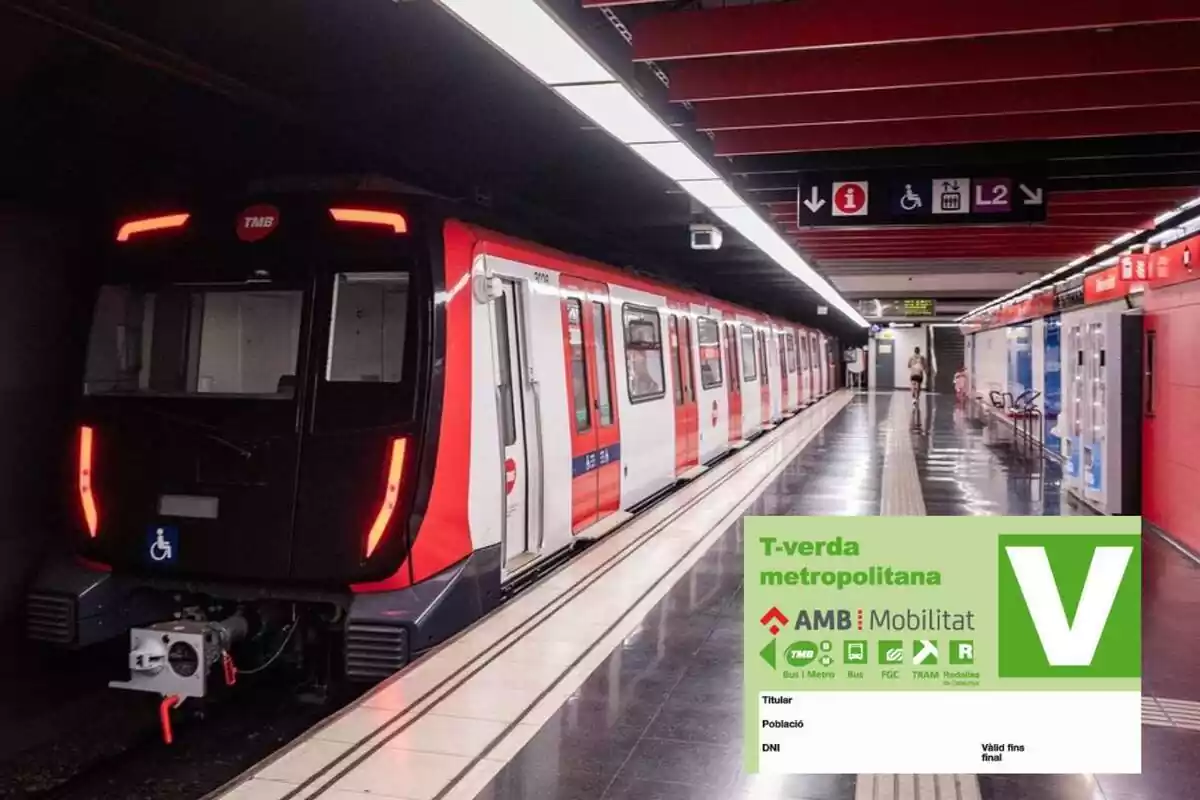 Montaje con un metro en la andana de Barcelona y la tarjeta T-verde