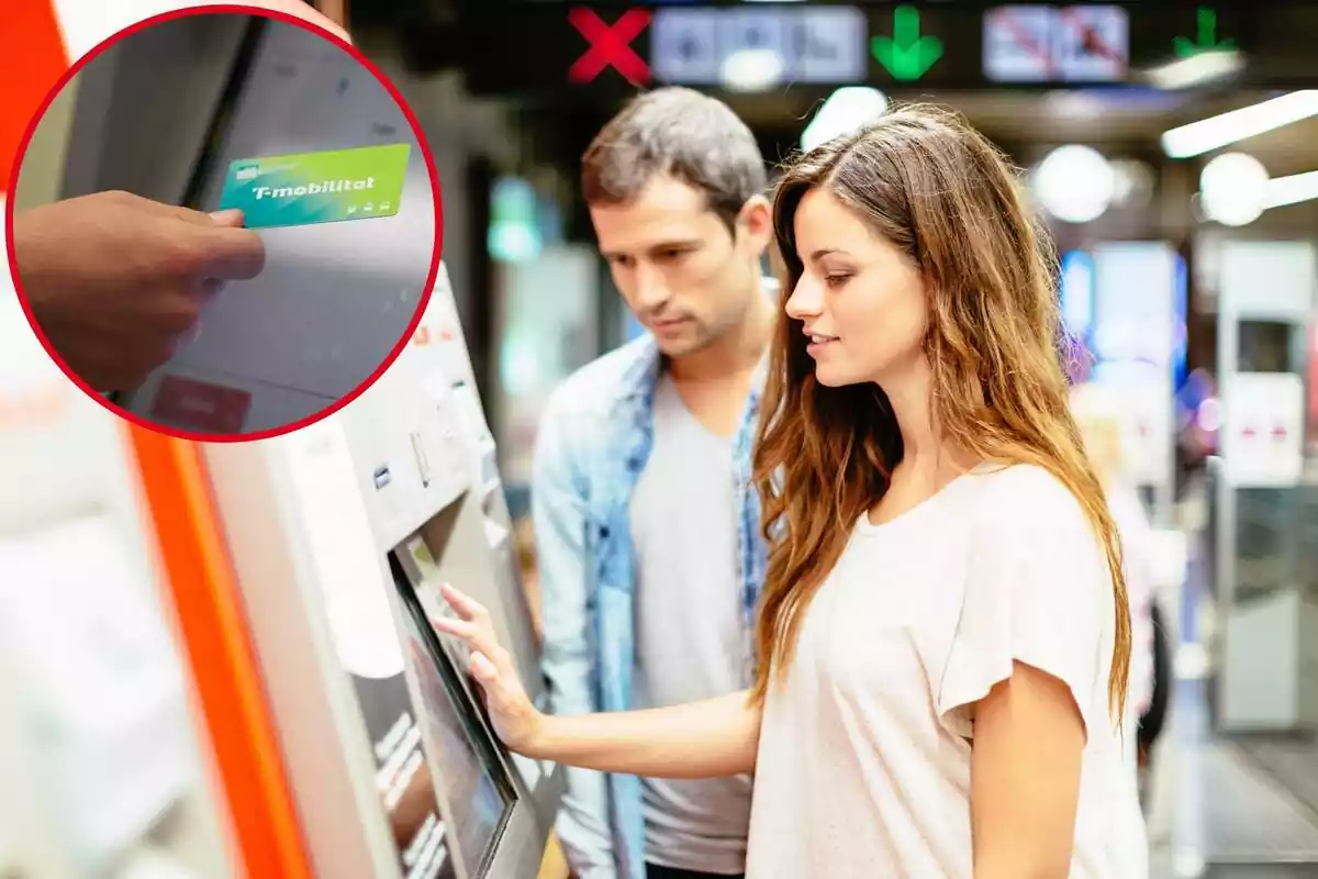 Montaje de jóvenes comprando billete para subir al metro de Barcelona y círculo con una mano sosteniendo un billete de Barcelona