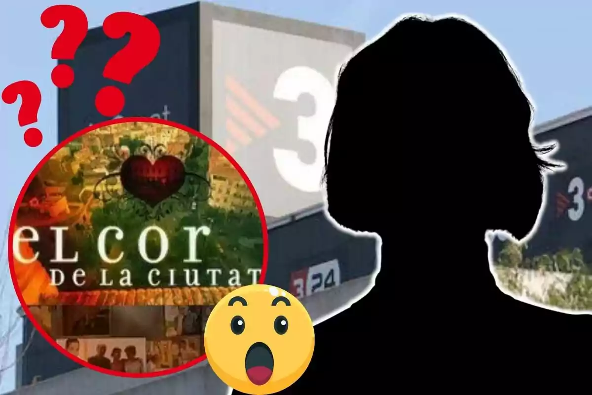 Imagen que muestra un edificio con el logotipo de un canal de televisión, un círculo rojo con un corazón y el texto "El Cor de la Ciutat", una silueta negra de una persona y un emoji de cara sorprendida.