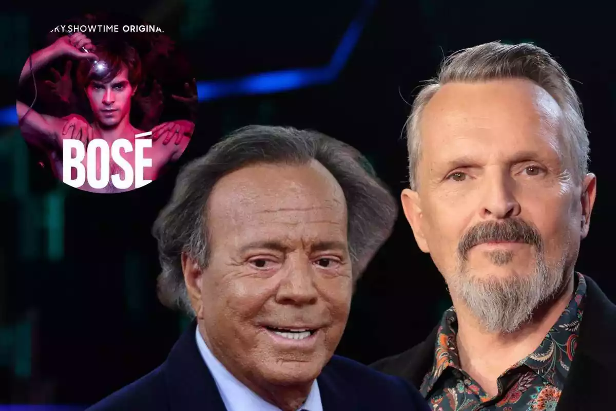 Montaje con un primer plano de Miguel Bosé serio, uno de Julio Iglesias sonriendo y la portada de la serie 'Bosé'