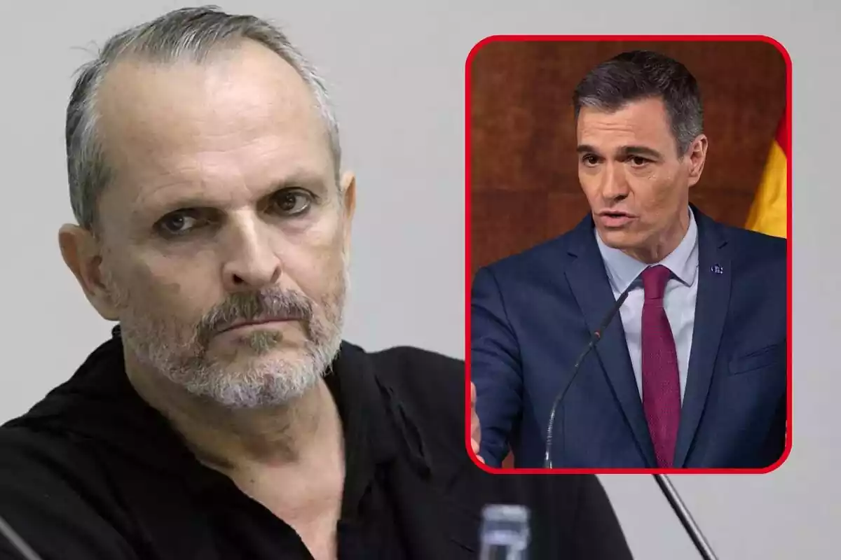 Mntaje de Miguel Bosé serio y Pedro Sánchez en rueda de prensa