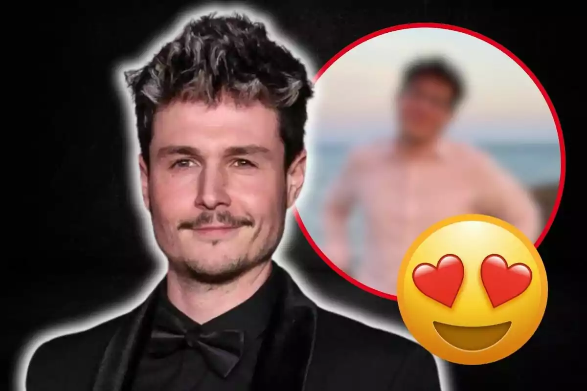 Un hombre con traje negro y pajarita sonríe, mientras un emoji de ojos de corazón y una imagen borrosa en un círculo rojo aparecen a su lado.