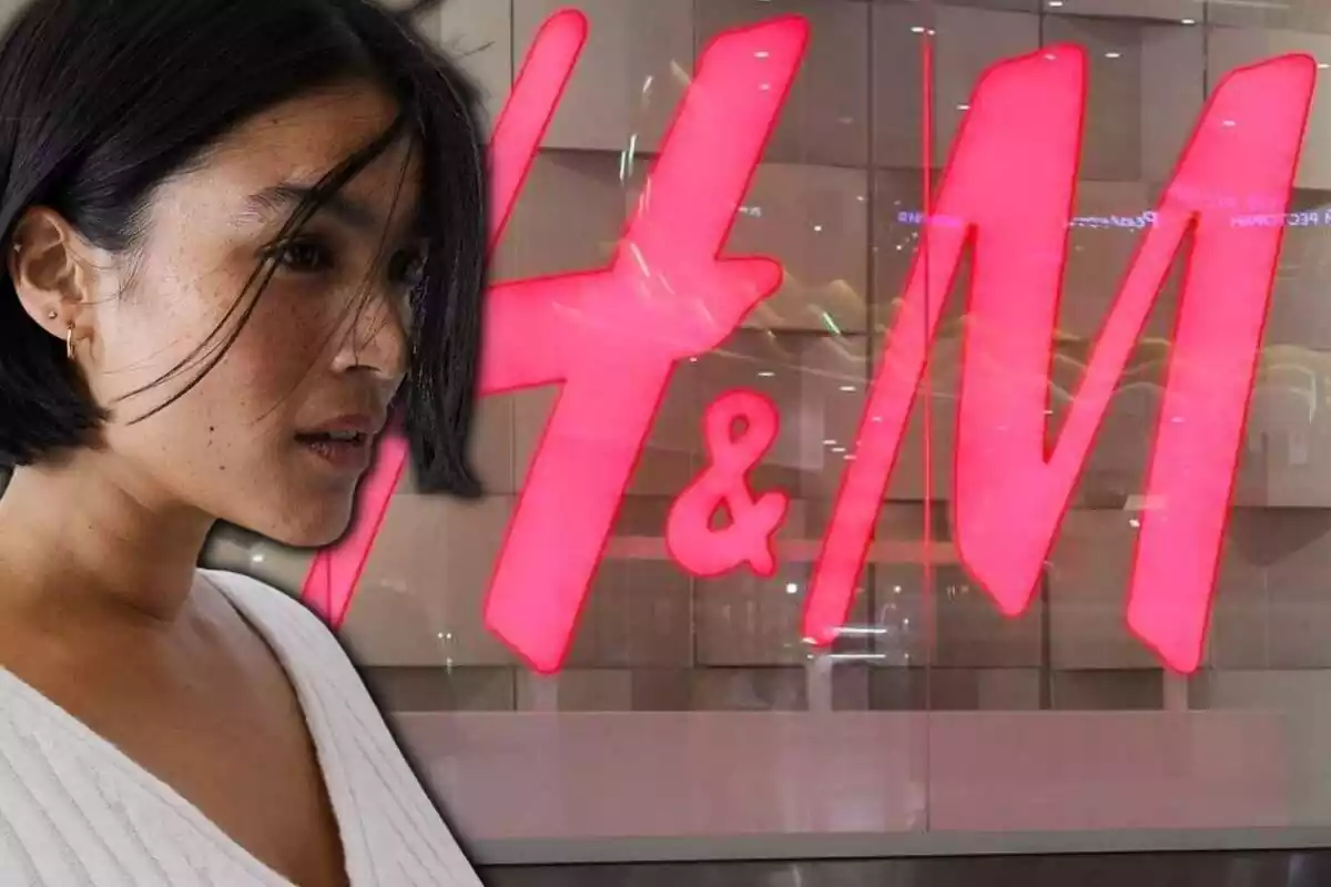 Montaje de la entrada de H&M y una modelo levando un jersey de lana