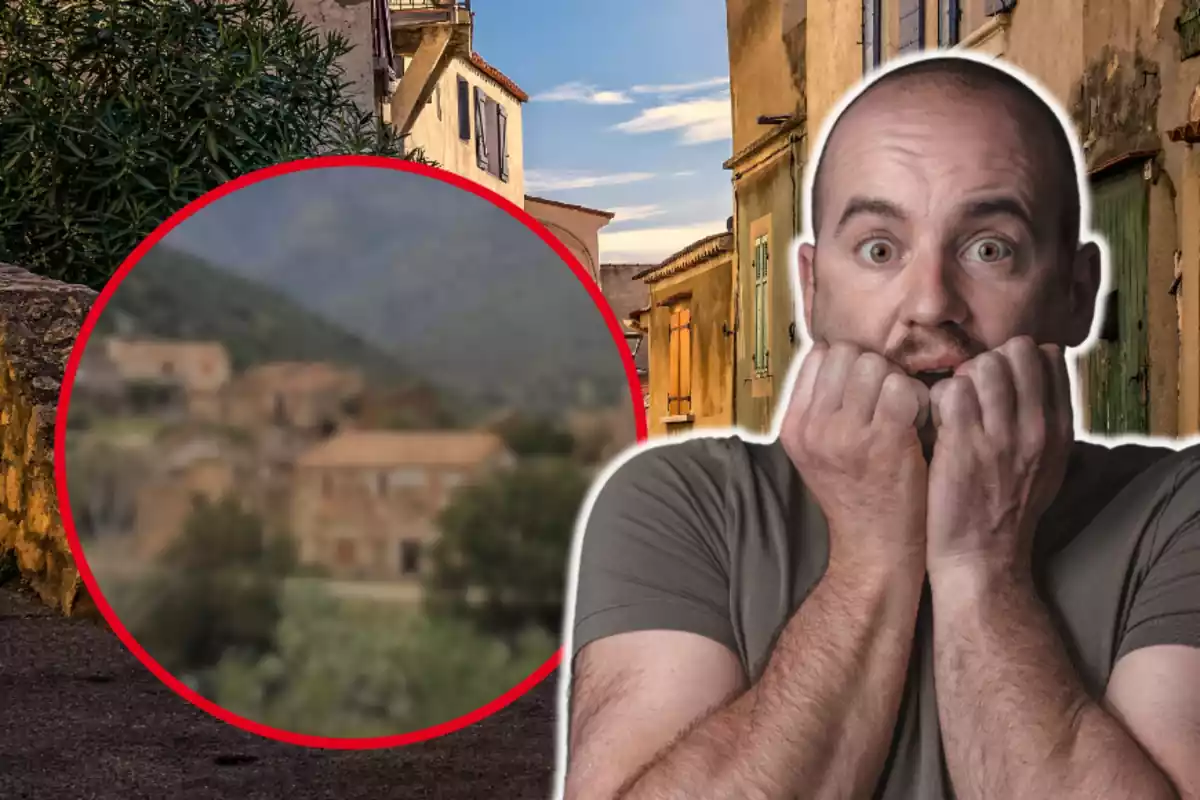 Montaje con la calle de un pueblo de fondo, un círculo con una imagen de la localidad de Molinàs y un hombre con cara de estar asustado