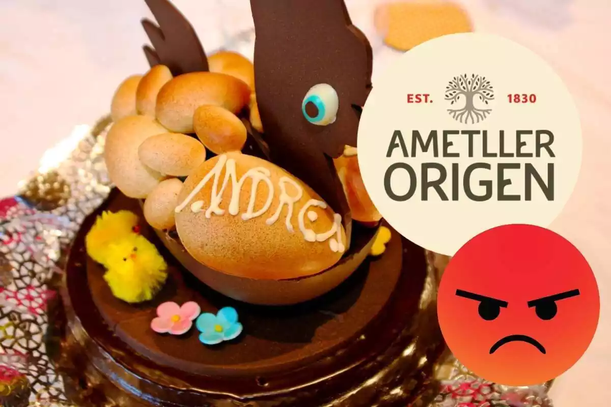Montaje de una mona de Pascua de chocolate, el logo de Ametller Origen y un emoji enfadado