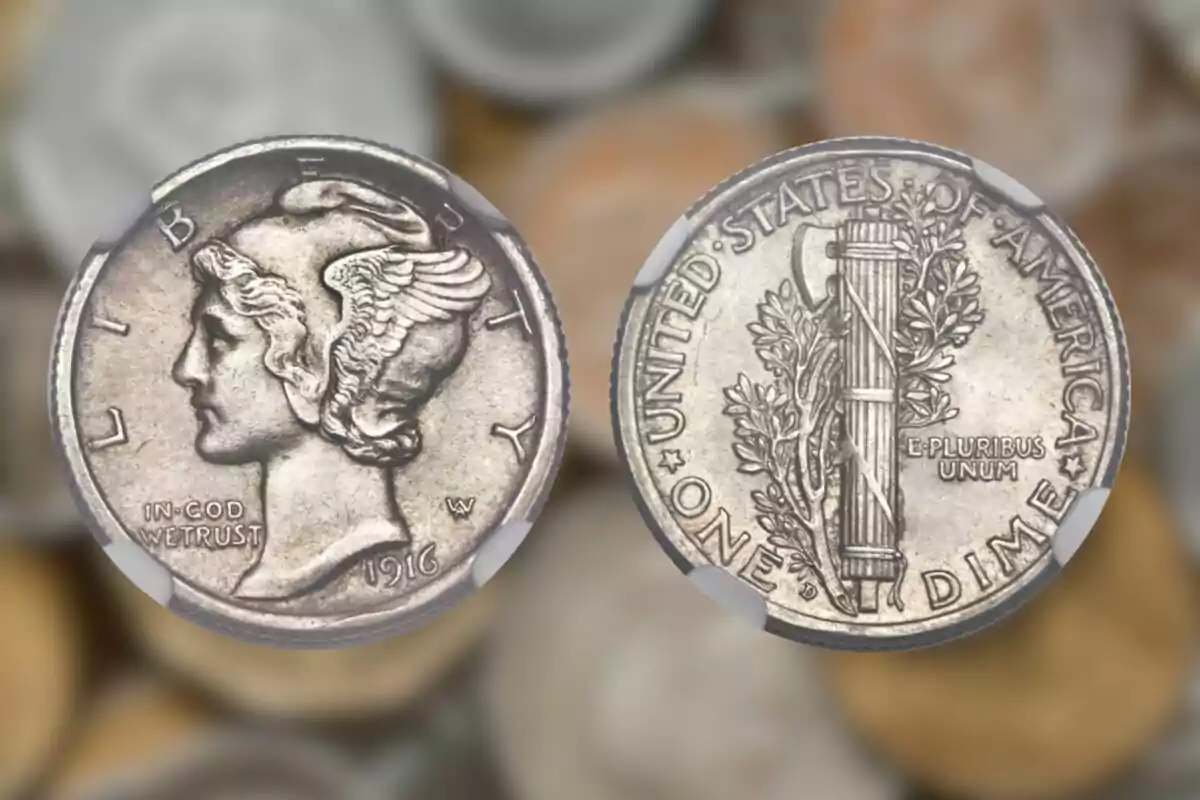 Moneda de diez centavos de 1916 con el diseño de la cabeza de Mercurio en el anverso y un fasces con ramas de olivo en el reverso. Moneda de diez centavos de 1916 con el diseño de la cabeza de Mercurio en el anverso y un fasces con ramas de olivo en el reverso.