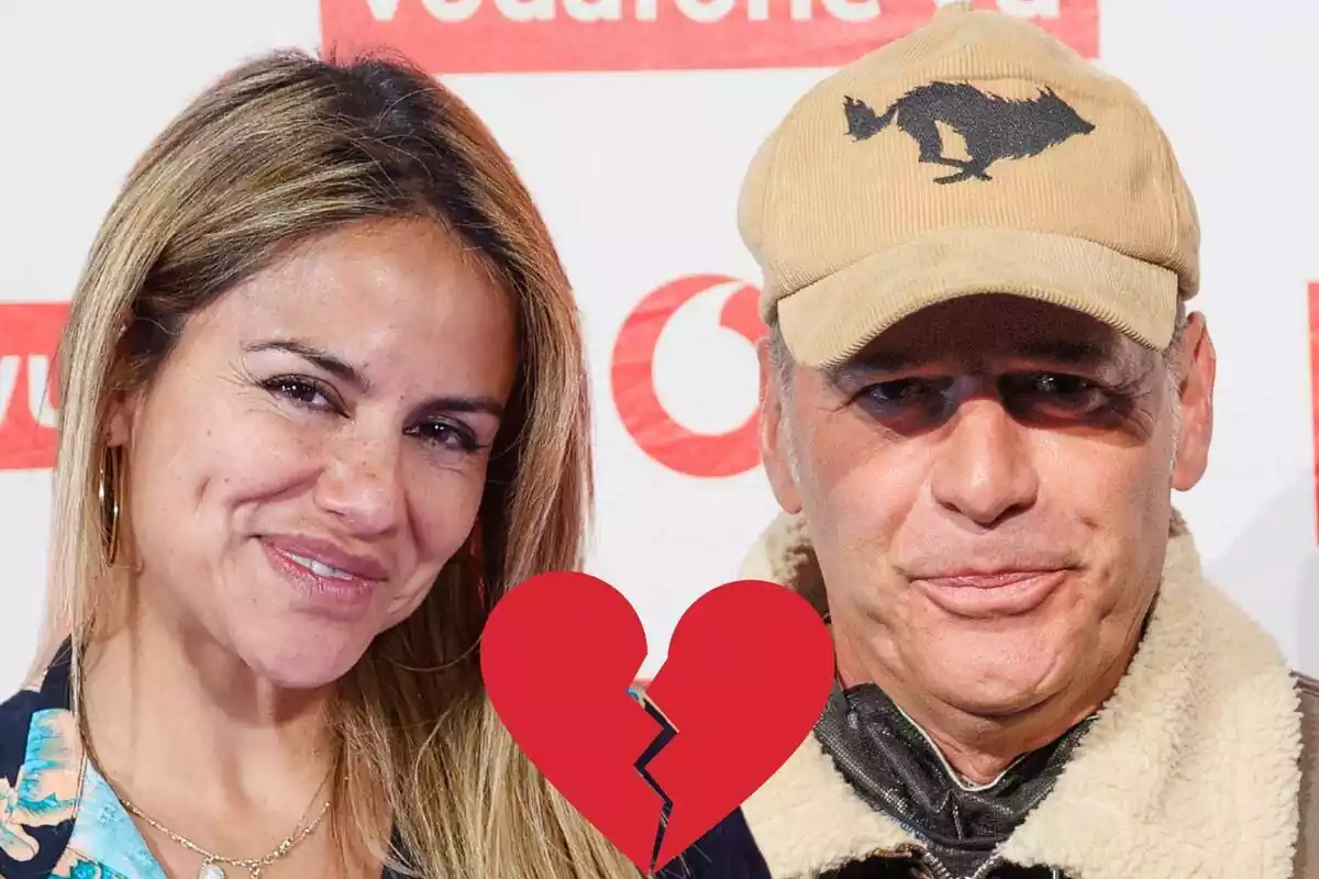 Montaje de Mónica Hoyos sonriendo, Carlos Lozano serio con una gorra marrón y un corazón roto