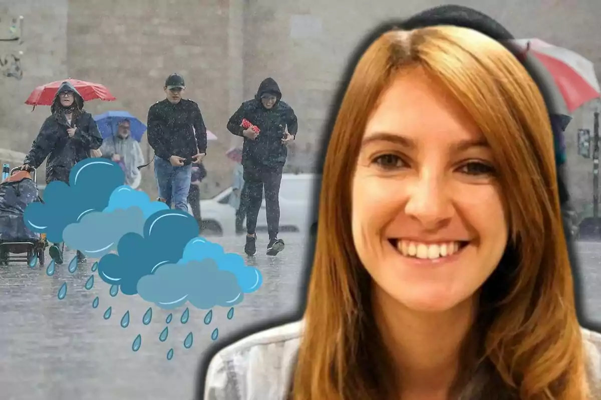 Una mujer sonriente aparece en primer plano mientras al fondo se observa a varias personas caminando bajo la lluvia con paraguas y un gráfico de nubes y gotas de lluvia superpuesto.