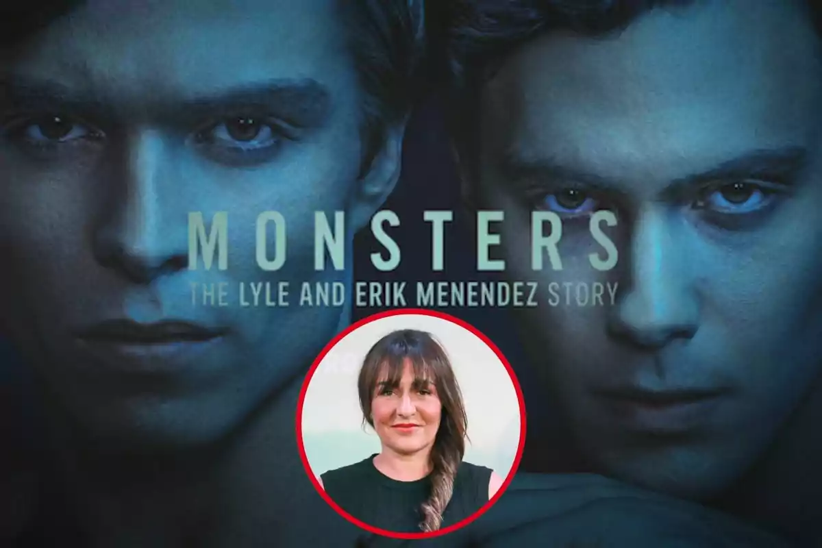 Imagen promocional de la serie "Monsters: The Lyle and Erik Menendez Story" con un retrato de Candela Peña en un círculo rojo superpuesto.