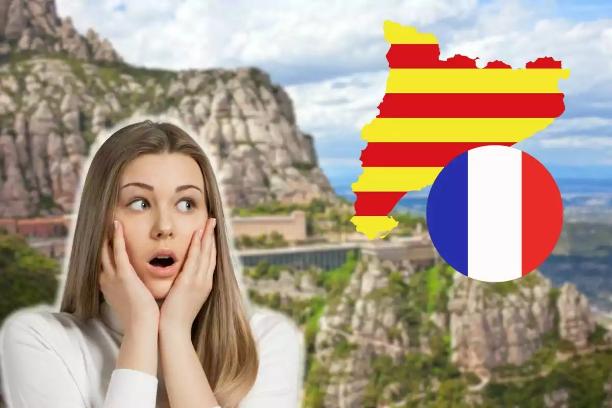 Una mujer con expresión de sorpresa frente a un paisaje montañoso, con un mapa de Cataluña y una bandera de Francia superpuestos.