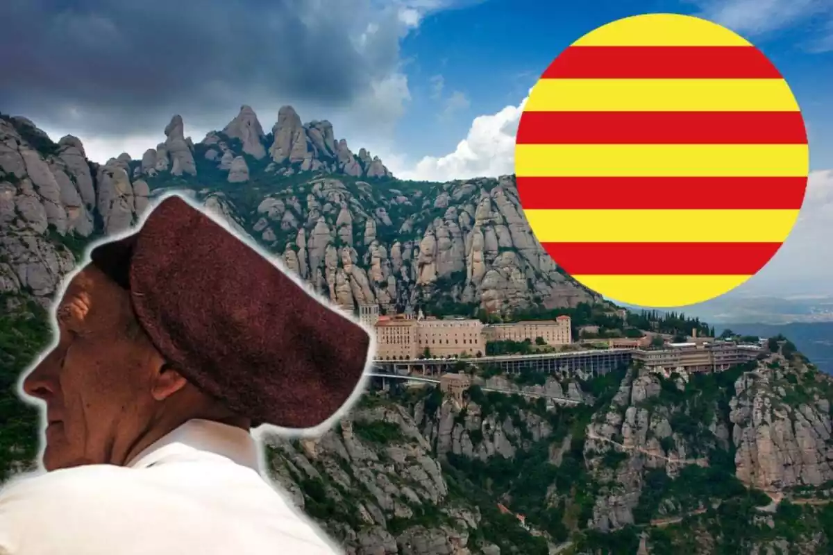 Montaje con la montaña de Montserrat, un hombre mayor con barretina y la bandera de Cataluña