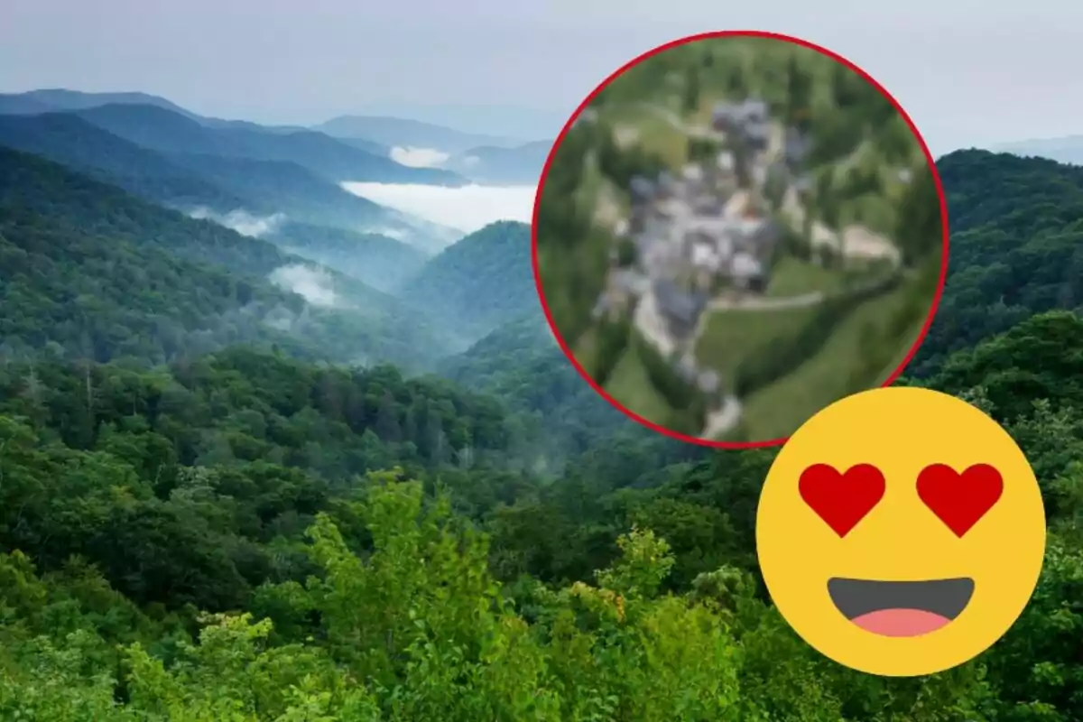 Montaje con unas montañas verdes, el pueblo de Bagergue desenfocado y un emoji enamorado