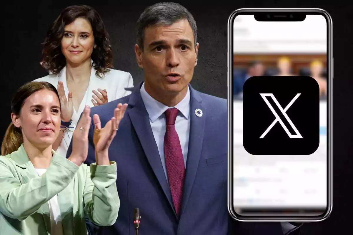 Montaje de Pedro Sánchez, Ayuso e Irene Montero con un telfono movil y el logo de X