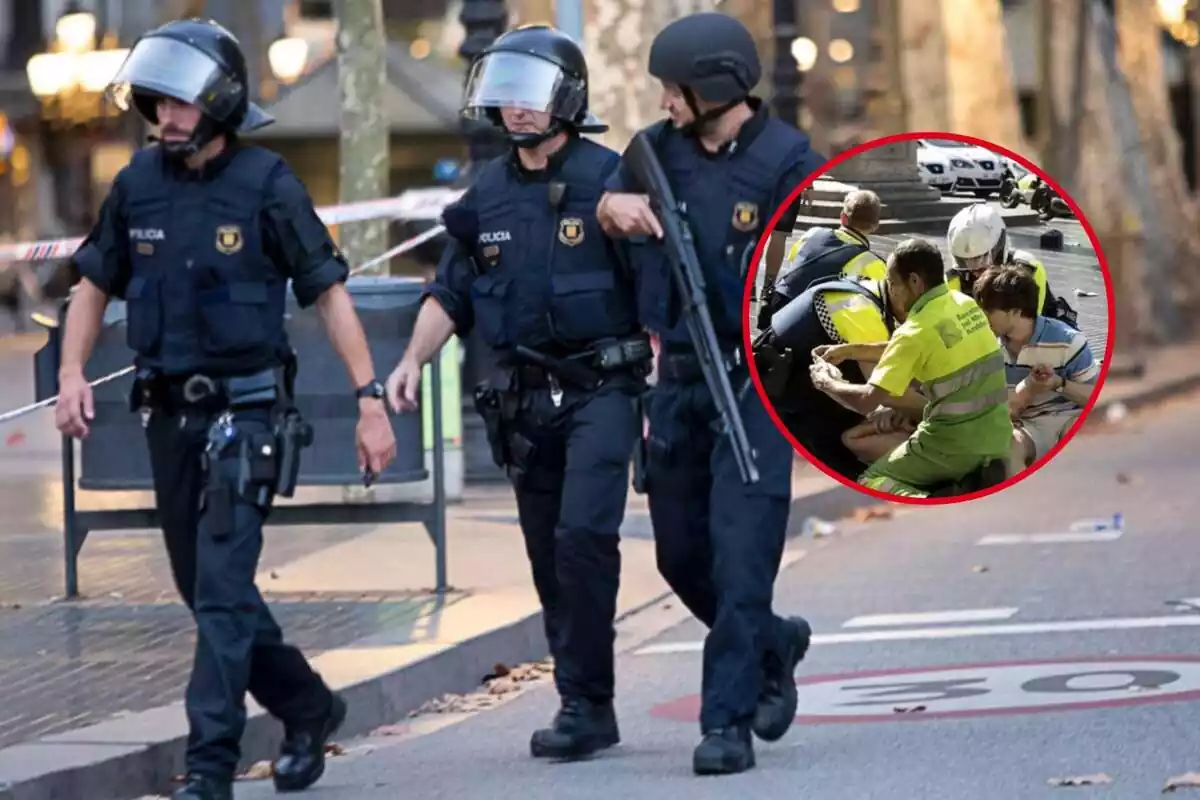 Fotomontaje entre una imagen de los Mossos d'Esquadra y una de los atentados de Barcelona