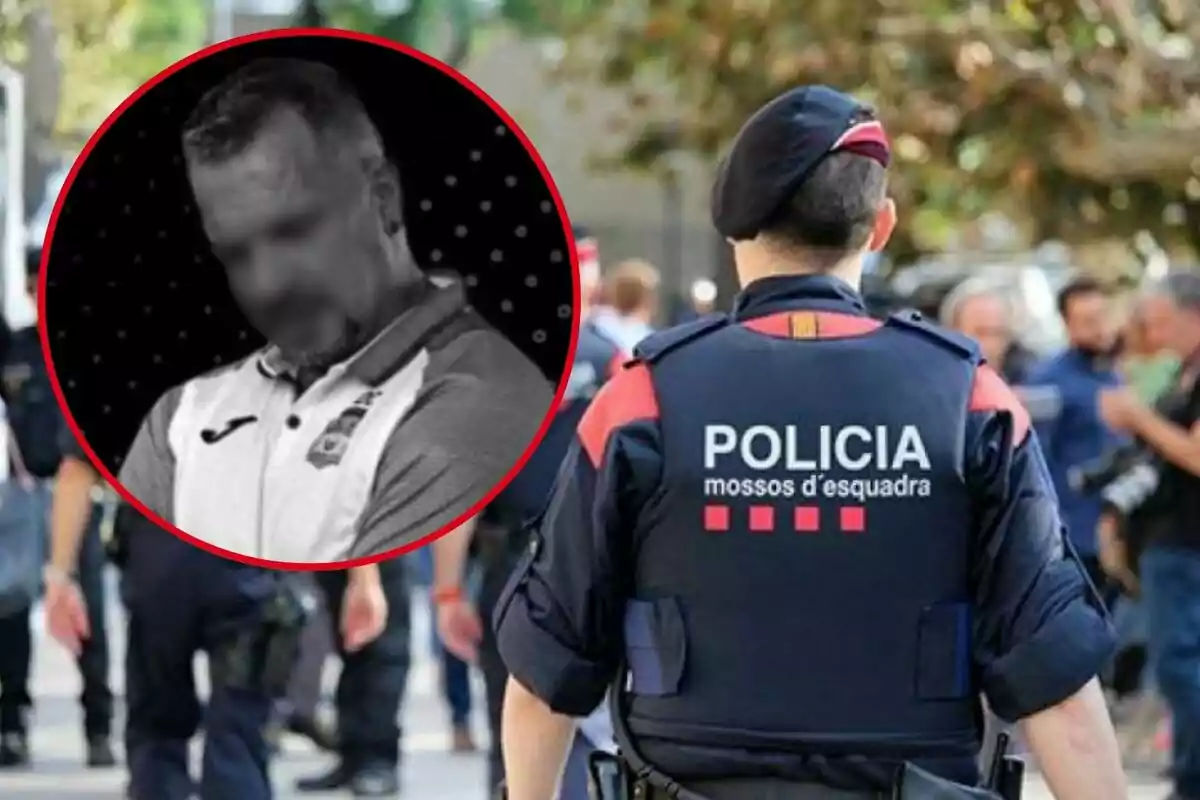 Un agente de los Mossos d'Esquadra de espaldas y un retrato borroso de un hombre en un círculo rojo.