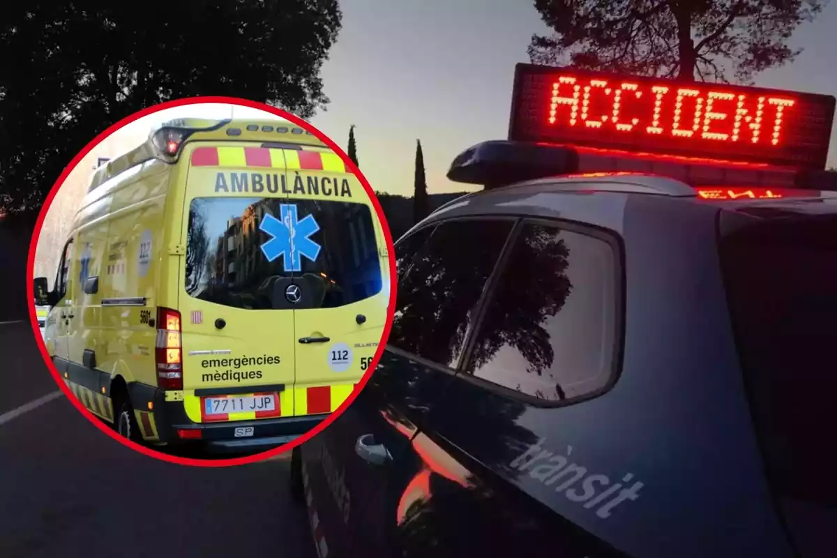 Montaje con un coche de los Mossos d'Esquadra indicando un accidente y un círculo con una ambulancia del Sistema d'Emergències Mèdiques