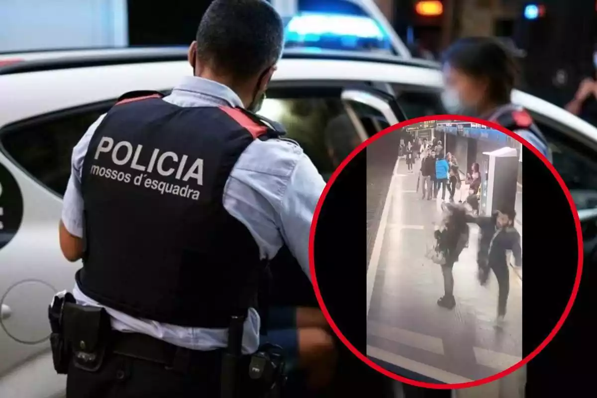 Montaje con una pareja de Mossos d'Esquadra con un coche patrulla y captura del vídeo de una agresión en el metro de Barcelona