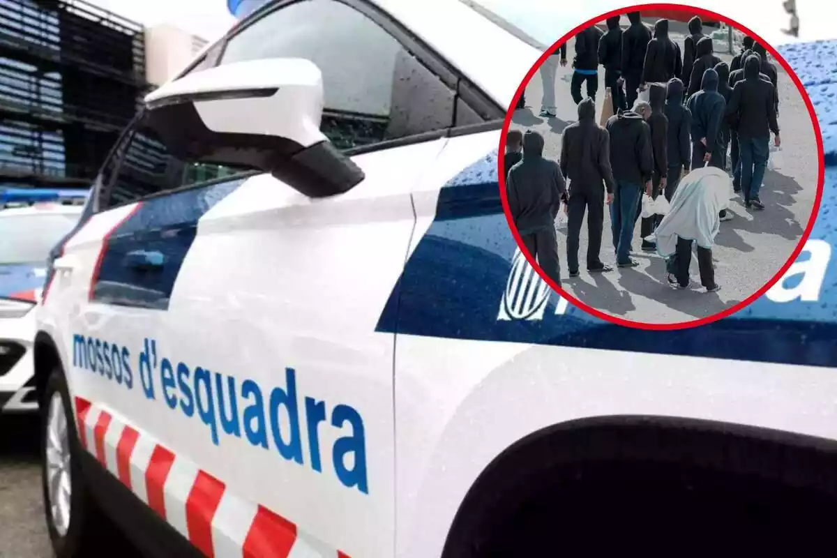 Montaje con coche patrulla de Mossos d'Esquadra y círculo con fila de personas inmigrantes