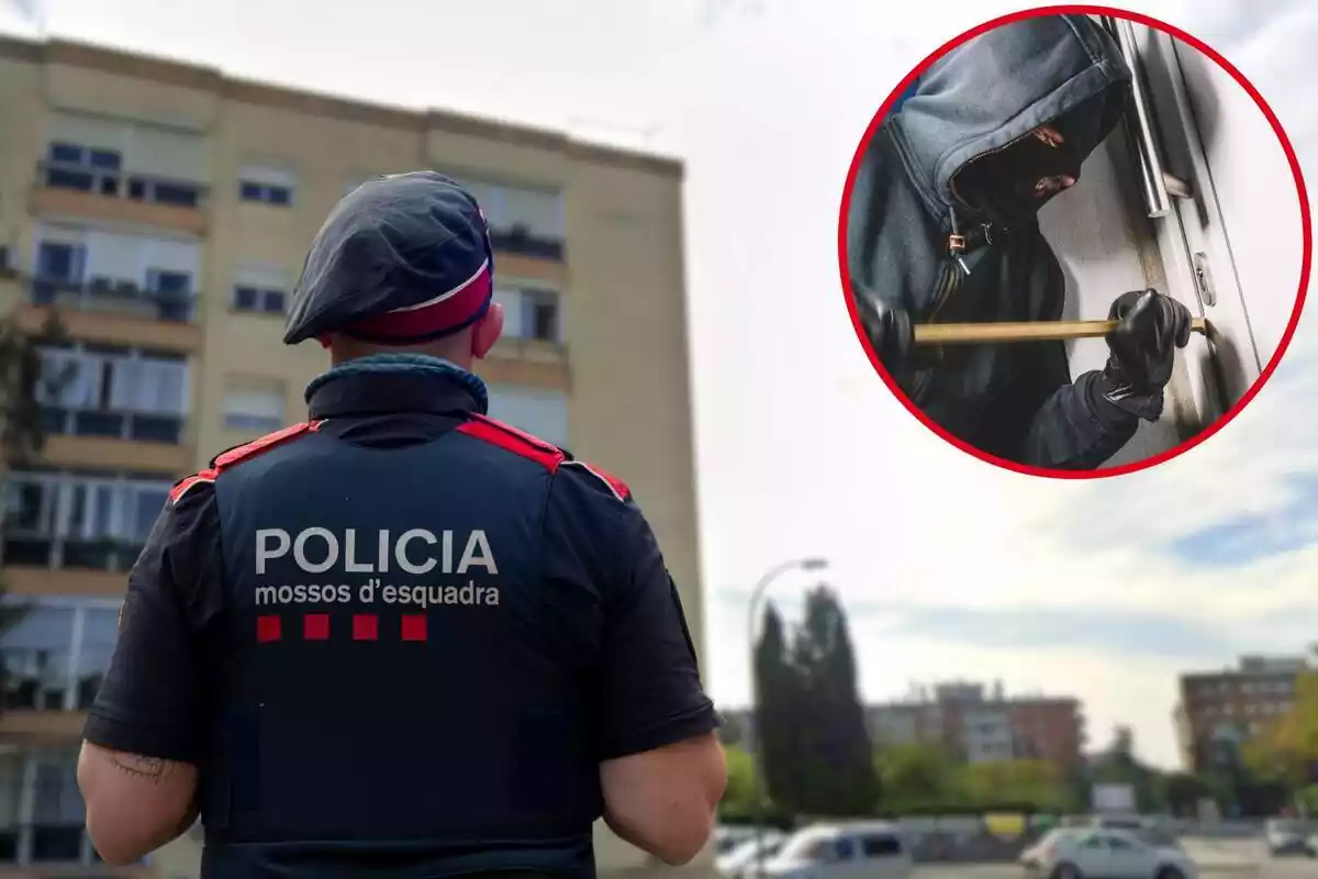 Montaje de agente de Mossos d'Esquadra en calle Mas Servil de Tarragona y círculo con persona tratando de entrar en una vivienda a la fuerza
