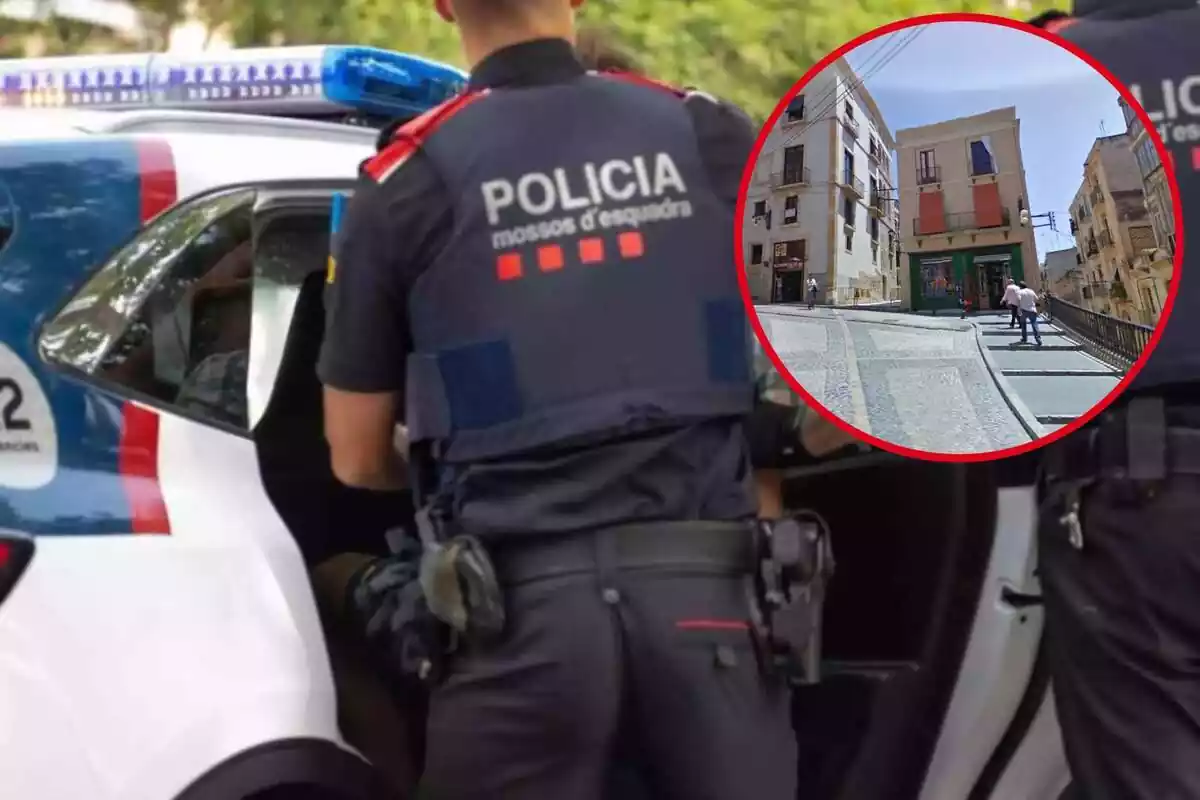 Montaje de Mossos d'Esquadra subiendo a un detenido en el coche patrulla y círculo con la Parte Alta de Tarragona