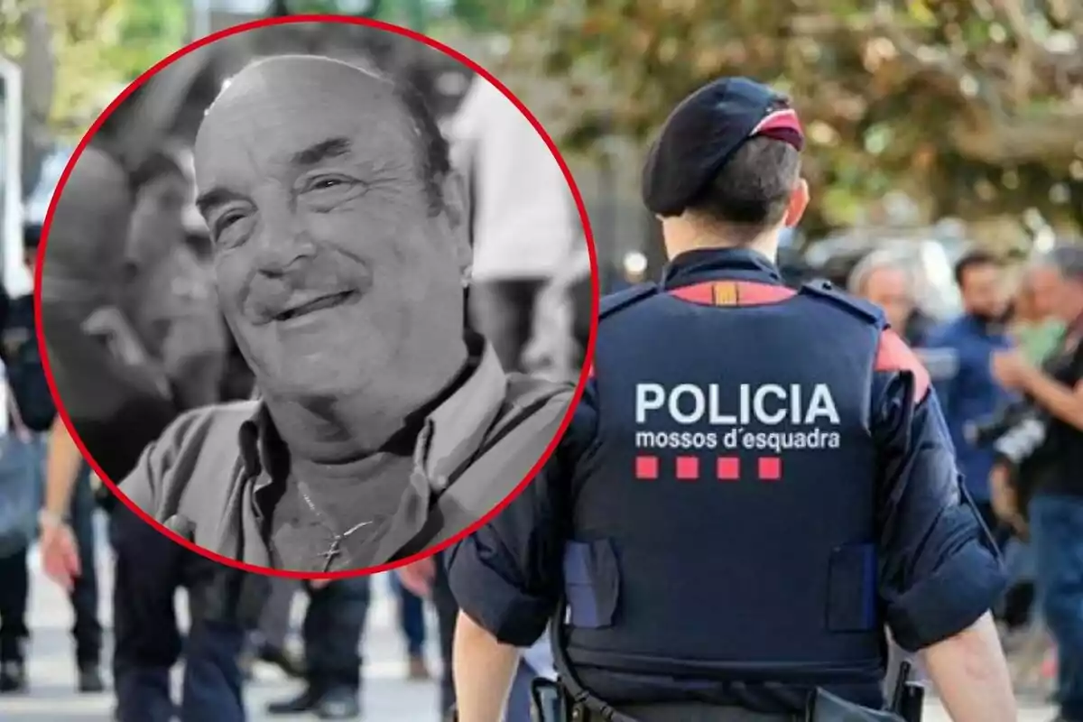 Un agente de los Mossos d'Esquadra de espaldas y un retrato en blanco y negro de un hombre sonriente en un círculo rojo.