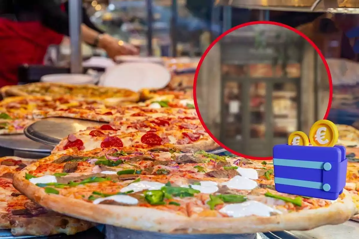 Montaje de un mostrador de pizzas, puerta de Parking Pizza Barcelona desenfocado y una cartera con monedas de euro