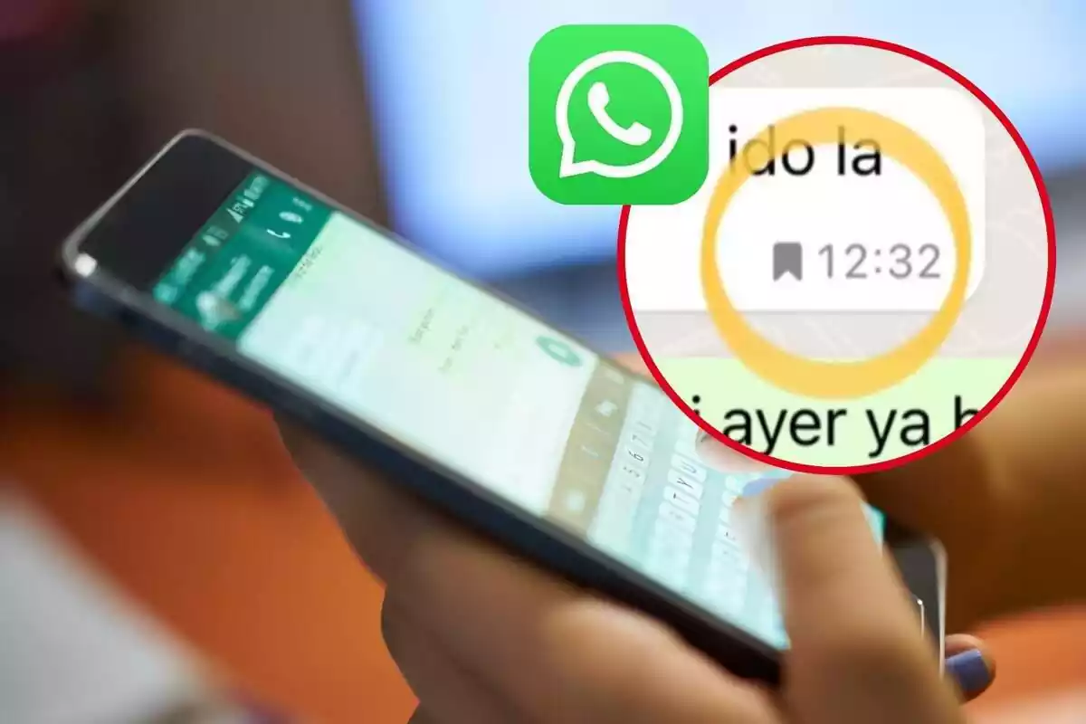 Montaje con una persona usando un móvil, un círculo señalando el nuevo símbolo de WhatsApp y el logo de la misma aplicación