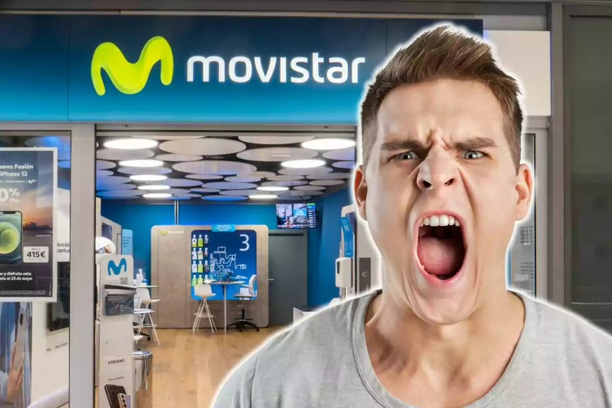 Montaje de una tienda Movistar y un hombre endadado