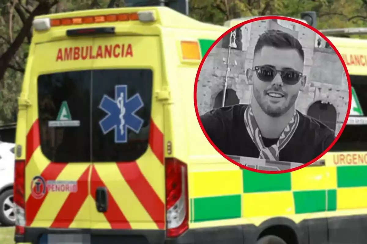 Una ambulancia amarilla con detalles rojos y verdes está estacionada, y en la esquina superior derecha hay un círculo rojo que contiene la imagen en blanco y negro de un hombre joven con gafas de sol y una bufanda alrededor del cuello. Una ambulancia amarilla con detalles rojos y verdes está estacionada, y en la esquina superior derecha hay un círculo rojo que contiene la imagen en blanco y negro de un hombre joven con gafas de sol y una bufanda alrededor del cuello.