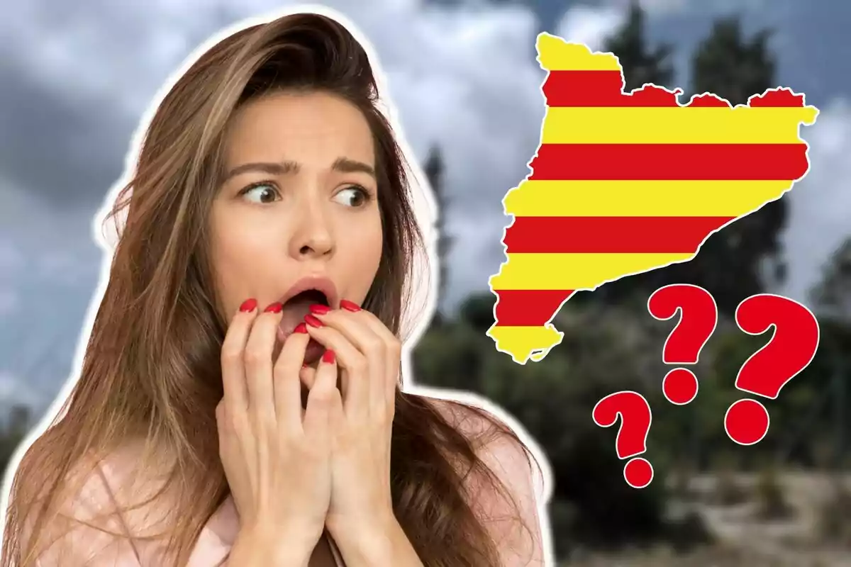 Mujer con expresión de sorpresa o miedo junto a un mapa de Cataluña con signos de interrogación.