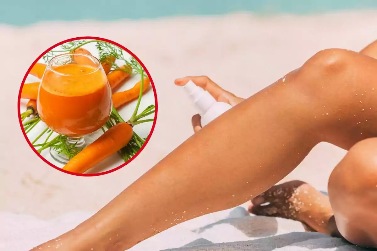 Montaje con una mujer al sol bronceándose y una bebida de zanahorias en un vaso